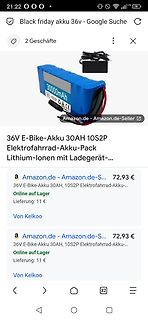 Screenshot einer Amazon-Suche nach einem E-Bike-Akku