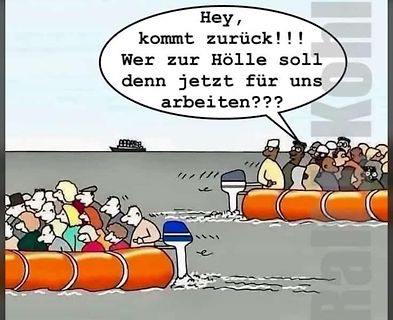Comic von Menschen auf Floß mit Sprechblase