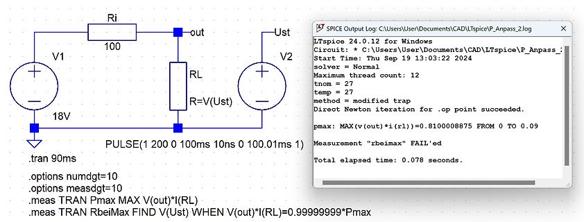 LTspice Schaltplan und Simulationsergebnis-Log
