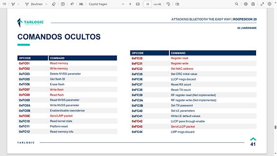 Tabelle mit Opcode und Command für Bluetooth Angriffe