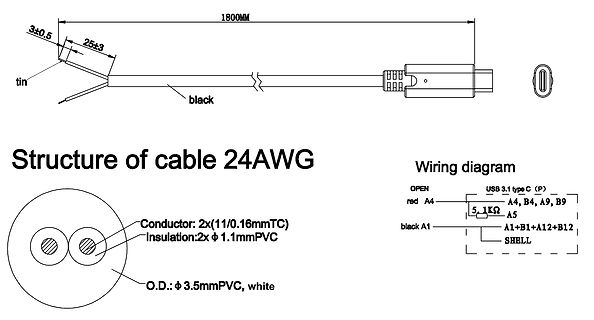 Technische Zeichnung und Verdrahtungsdiagramm eines USB-Kabels