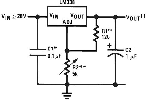 Schaltplan eines Spannungsreglers mit LM338
