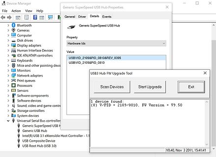 Windows Geräte-Manager und USB Hub Upgrade Tool Fenster