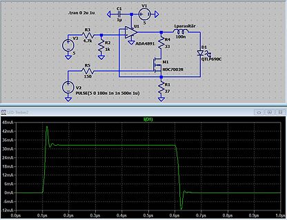Schaltplan und Stromkurve einer LED-Treiber-Simulation