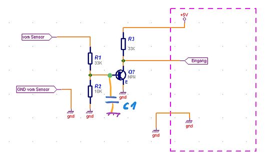 Schaltplan mit NPN-Transistor und Spannungsteiler