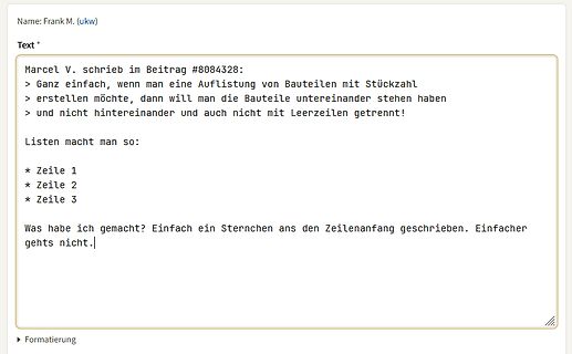 Screenshot eines Forenbeitrags über Textformatierung