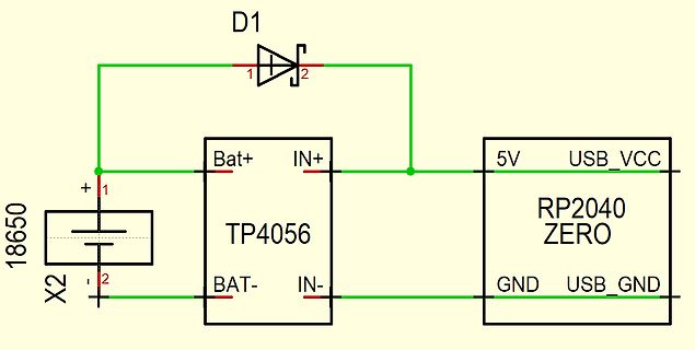 Schaltplan TP4056 Lademodul mit RP2040 Zero