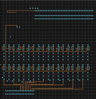 CAD-Ansicht eines Leiterplatten-Layouts mit Leiterbahnen und Pads
