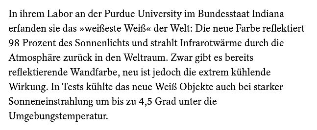 Deutscher Text über eine neue weiße Farbe