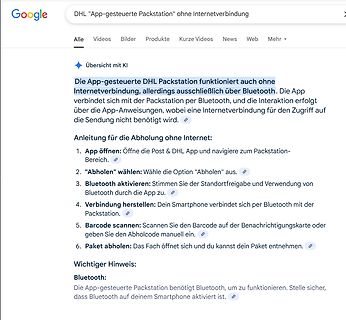 Google Suchergebnisse zur DHL Packstation ohne Internetverbindung