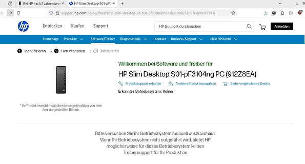 HP Support Website für Treiber und Software