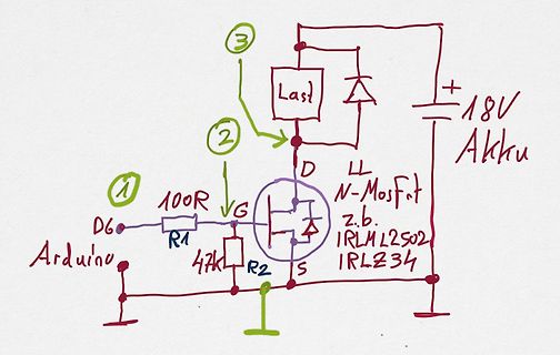 Handgezeichneter Schaltplan mit N-MOSFET und Arduino