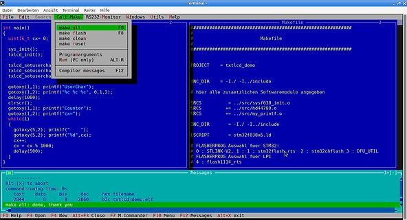 Terminal-Fenster mit C-Code und Makefile