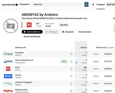 Webseite eines Elektronik-Distributors für ABX00162 Arduino
