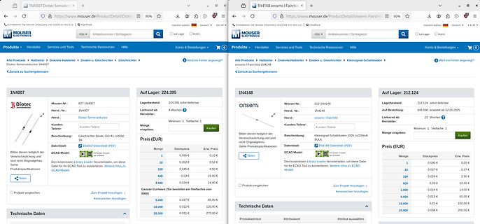 Mouser Website Produktseiten für 1N4007 und 1N4148