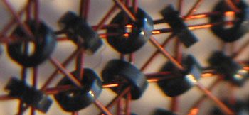 Makroaufnahme von Drahtgewebe mit schwarzen Ringen