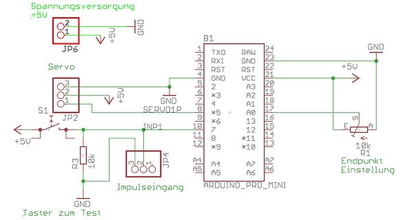 Schaltplan mit Arduino Pro Mini, Servo und Taster