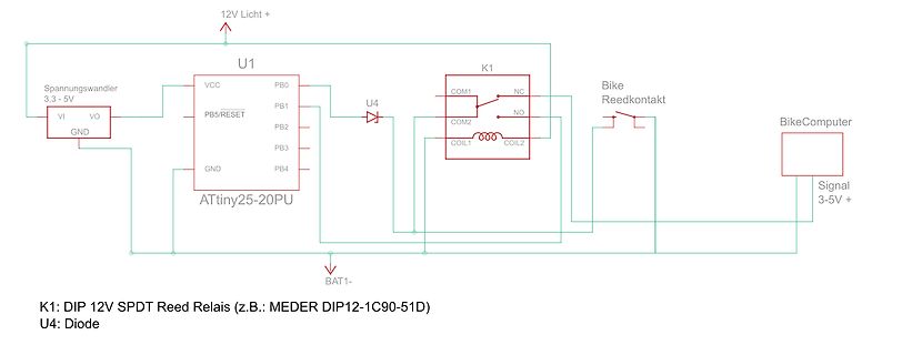 Schaltplan mit ATtiny25, Relais und Reedkontakt