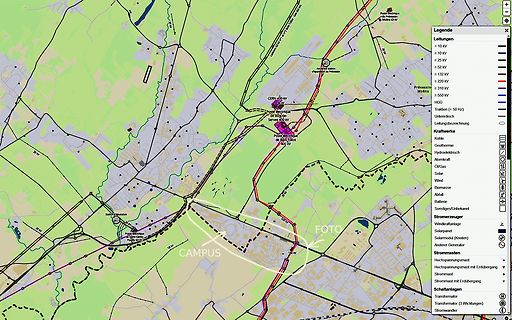 Karte eines Stromnetzes mit Leitungen und Kraftwerken