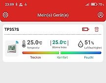 App-Interface mit Temperatur und Luftfeuchtigkeit