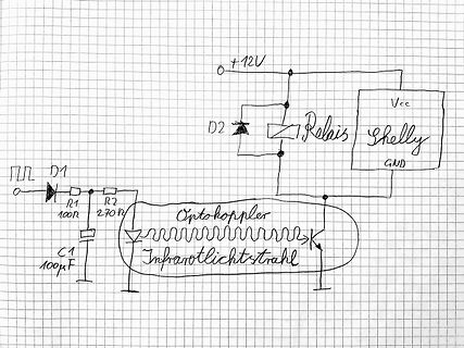 Handgezeichneter Schaltplan mit Optokoppler und Shelly Relais