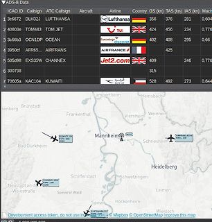 ADS-B Flugdaten und Flugzeugpositionen auf einer Karte