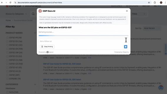 Screenshot eines KI-Chatbots auf einer Espressif Dokumentationsseite