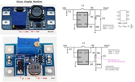 Vergleich MT3608 Step-Up Wandler PCB und Schaltplan