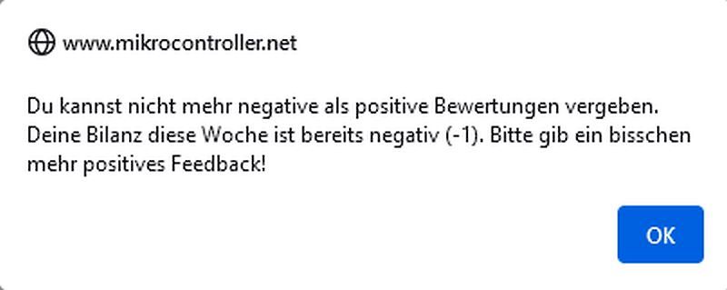 Fehlermeldung zur Bewertung auf einer Webseite