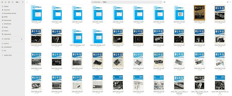 Dateimanager mit PDF-Vorschaubildern von UKW-Geräten