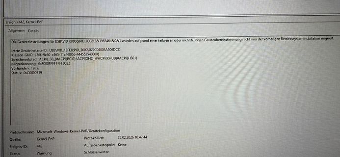 Foto eines Computerbildschirms mit Windows Ereignisanzeige