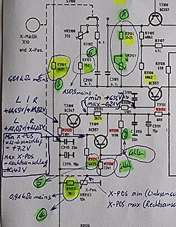 Handgezeichneter Schaltplan mit handschriftlichen Notizen