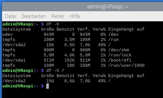 Terminal-Ausgabe des df-Befehls auf einem Raspberry Pi