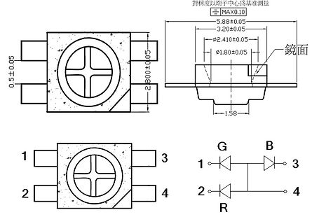 Technische Zeichnung und Anschlussbelegung eines Bauteils