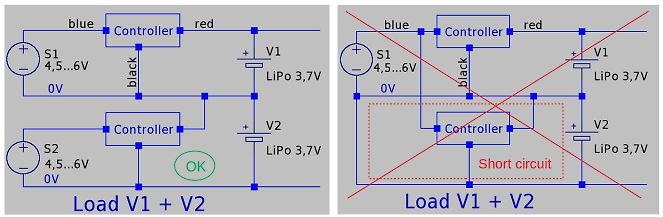 Vergleich zweier Schaltungen mit zwei Controllern und LiPo-Akkus