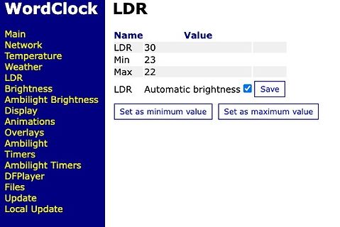 Software-Interface für WordClock LDR-Einstellungen