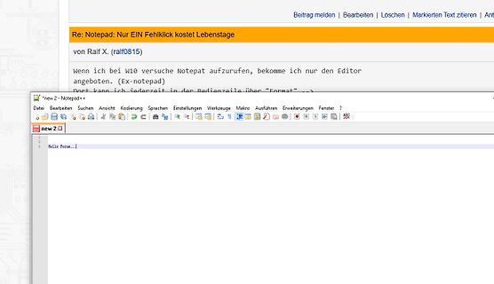 Screenshot eines Forenbeitrags und Notepad++ Fensters