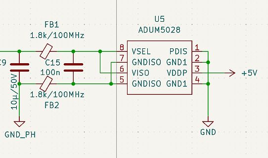 Schaltplanausschnitt mit ADUM5028 Isolator