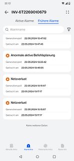 Screenshot einer Alarmhistorie einer App