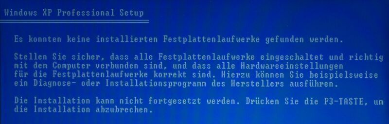 Fehlermeldung Windows XP Professional Setup
