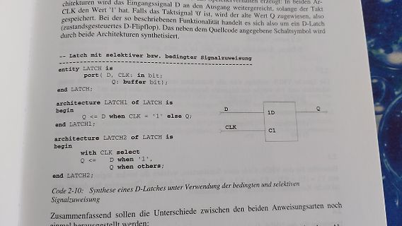 Buchseite mit VHDL-Code und Schaltsymbol eines D-Latches
