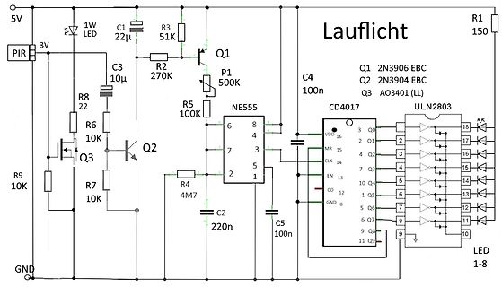 Schaltplan eines Lauflicht-Schaltkreises mit NE555 und CD4017