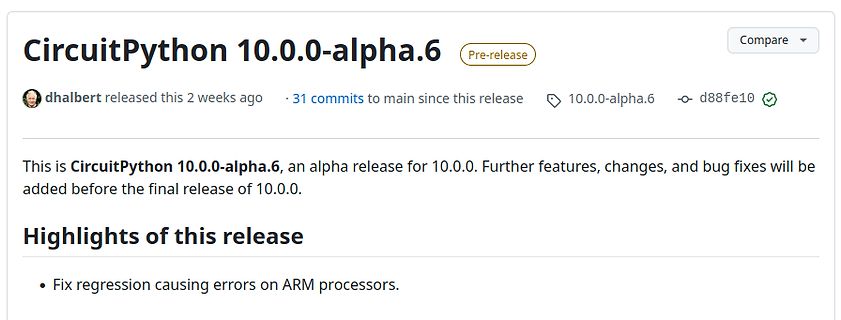 GitHub Release von CircuitPython 10.0.0-alpha.6