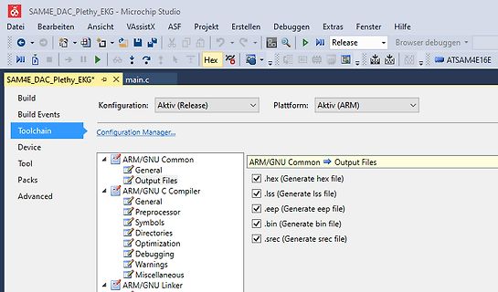 Microchip Studio Konfiguration der Output Files