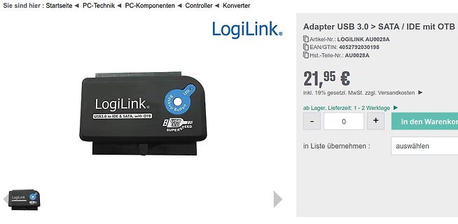 Webshop-Produktseite eines LogiLink USB-Adapters
