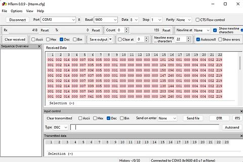 Screenshot einer Terminal-Software zur seriellen Kommunikation