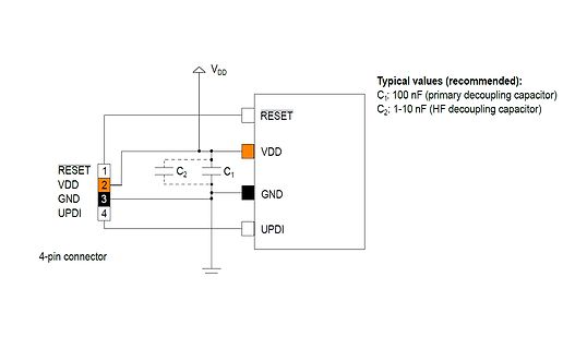 Schaltplan eines Mikrocontrollers mit Entkopplungskondensatoren