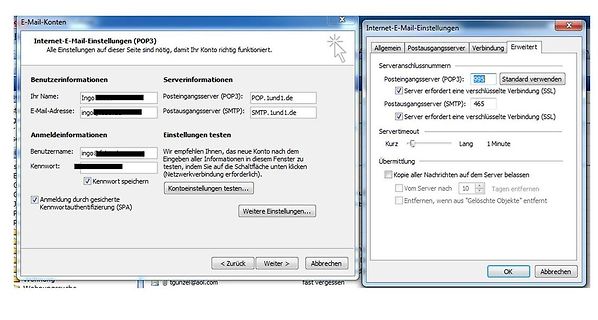 E-Mail-Konten und Internet-E-Mail-Einstellungen Dialogfenster