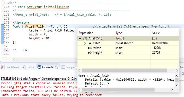 Screenshot eines Debuggers mit C-Code und Variablenwerten