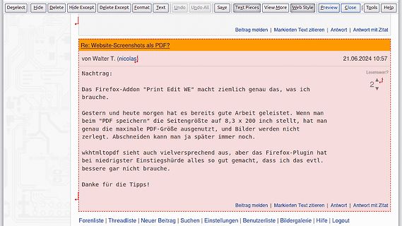 Screenshot eines Forenbeitrags über Website-Screenshots